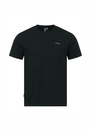 Schwarzes T-Shirt mit kurzen Ärmeln und Rundhalsausschnitt, mit kleinem grauem gesticktem Logo auf der linken Brust und einem Größenetikett im Nacken.