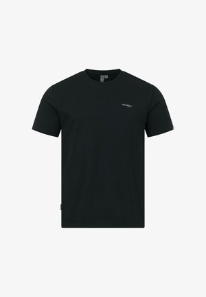 Zwart T-shirt met korte mouwen en ronde hals, met een klein grijs geborduurd logo op de linkerborst en een maatlabel in de nek.