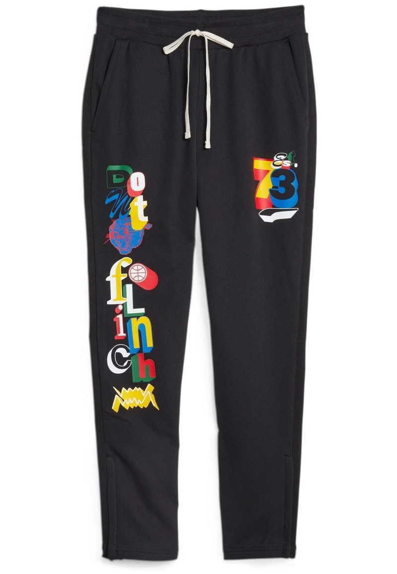 Pantalones de chándal negros con tipografía y gráficos coloridos mezclados. Cintura con cordón, bolsillos laterales y puños acanalados en los tobillos.