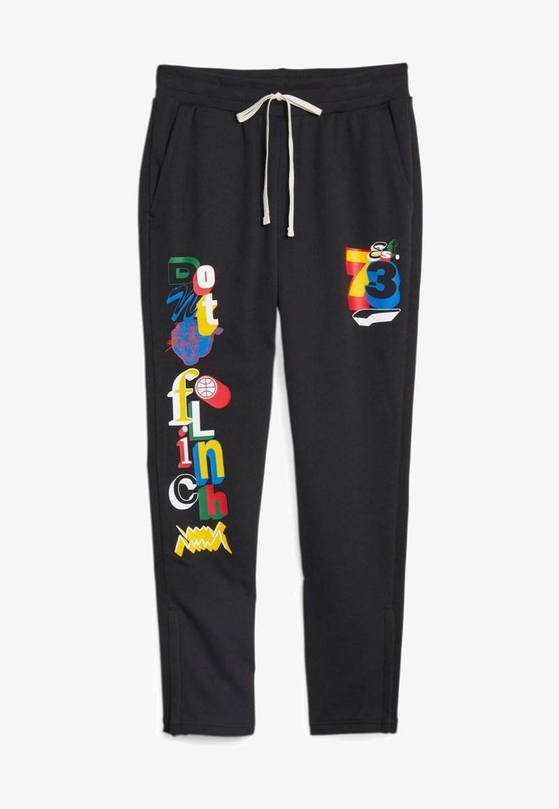 Pantalones de chándal negros con tipografía y gráficos coloridos mezclados. Cintura con cordón, bolsillos laterales y puños acanalados en los tobillos.