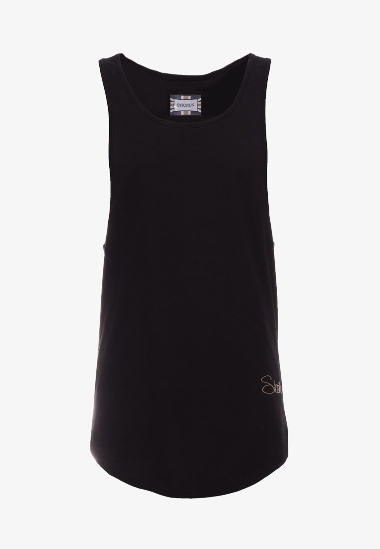 Débardeur noir en coton avec un encolure ronde et un ourlet arrondi. Présente un petit logo doré sur le côté inférieur. Pas de motifs supplémentaires.