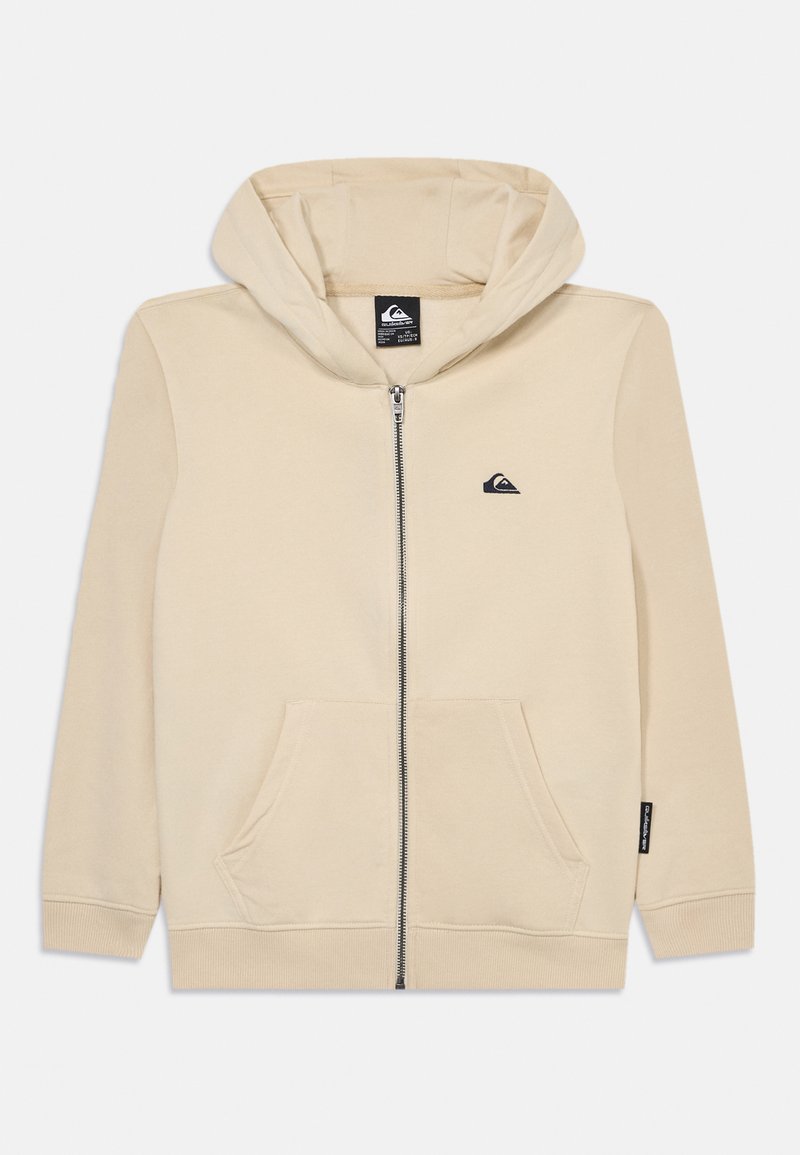 Beige zip-up hoodie made of soft fabric featuring a hood, two front pockets, and a small logo on the left chest. Classic and comfortable design.
