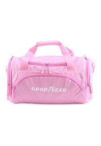Pink duffel bag with two top handles, zippered compartments, and prominent white "GOODYEAR" logo on the front. Soft fabric, sturdy design.