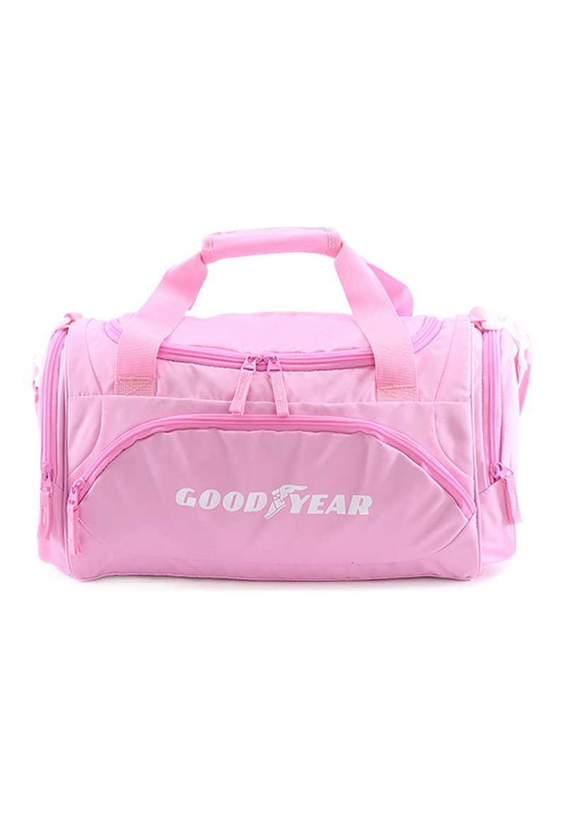 Pink duffel bag with two top handles, zippered compartments, and prominent white "GOODYEAR" logo on the front. Soft fabric, sturdy design.