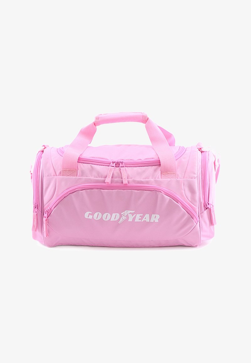 Pink duffel bag with two top handles, zippered compartments, and prominent white "GOODYEAR" logo on the front. Soft fabric, sturdy design.
