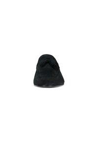 Zwarte nubuck instappers met een ronde neus, voorzien van een decoratieve strik aan de voorkant en een gladleren zool. Eenvoudig en klassiek ontwerp.