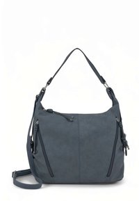 Donkerblauwe synthetische handtas met een gestructureerde afwerking, voorzien van twee zijritsvakken, een lange verstelbare riem en metalen accenten.