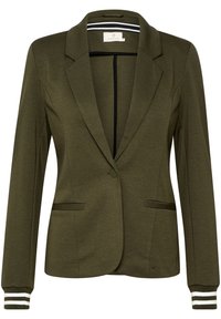 Olivgrön blazer med en texturerad yta, enkel knappstängning, två framfickor och randiga manschetter för extra detalj.