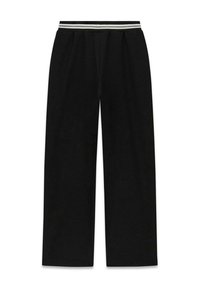 Pantalon noir à jambes larges, taille haute avec une ceinture élastique rayée grise et blanche, présenté à plat sur fond blanc.