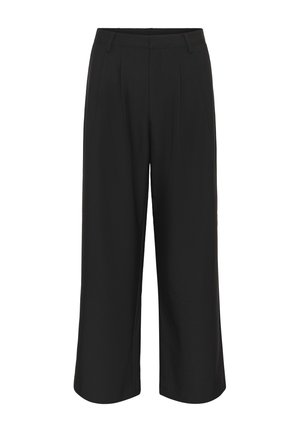 Pantalon noir à jambes larges en tissu lisse, avec des plis à l'avant et une taille cintrée pour un look structuré.