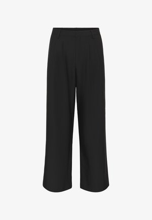 Pantalon noir à jambes larges en tissu lisse, avec des plis à l'avant et une taille cintrée pour un look structuré.