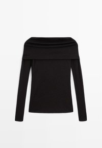 Schwarzes schulterfreies Longsleeve-Oberteil aus glattem, dehnbarem Stoff. Verfügt über einen drapierten Ausschnitt und angepasste Ärmel.