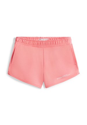 Rosa treningsshorts laget av mykt stoff, med elastisk midjebånd som er tøyelig og to sidelommer. Diskret logo på den nedre fronten.