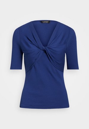 Haut bleu royal à manches courtes côtelées avec un détail de nœud torsadé à l'avant et un décolleté en V.