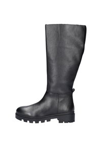 Zwarte kniehoge laarzen van gestructureerd leer, met een dikke rubberen zool en een minimalistisch design zonder versieringen.