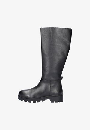 Zwarte kniehoge laarzen van gestructureerd leer, met een dikke rubberen zool en een minimalistisch design zonder versieringen.