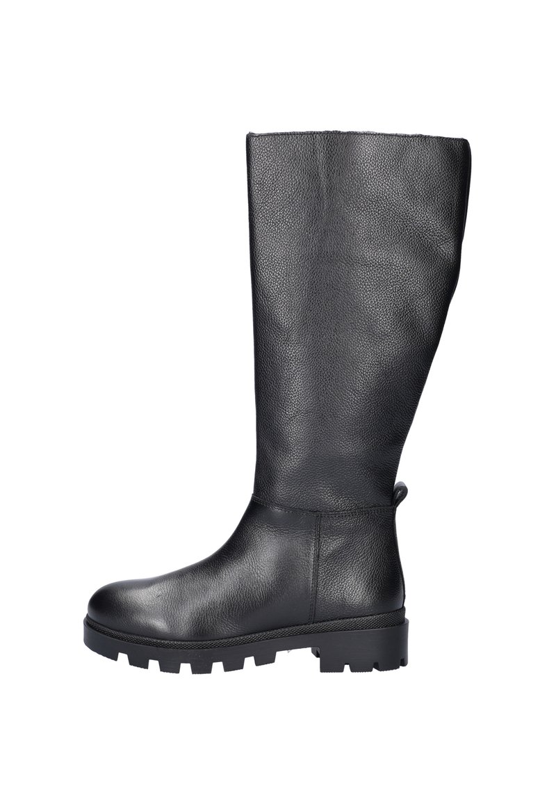 Zwarte kniehoge laarzen van gestructureerd leer, met een dikke rubberen zool en een minimalistisch design zonder versieringen.