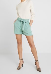 Mentolové šortky s papírovým pásem a vázacím opaskem, doplněné krémovým žebrovaným topem s dlouhým rukávem a vysokými podpatky s hadím potiskem.