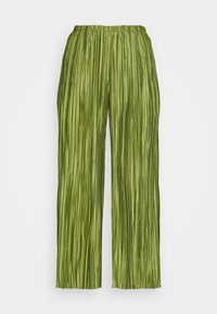 Zielone plisowane spodnie wykonane z lekkiego materiału, charakteryzujące się luźnym krojem, elastycznym pasem i pionową fakturą na całej powierzchni.