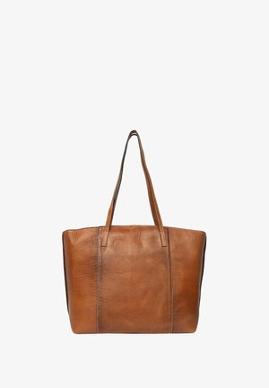 Brązowa torba na ramię ze skóry o gładkiej fakturze, dwoma długimi uchwytami, prostokątnym kształcie oraz kontrastowymi szwami dla dodatkowego efektu.