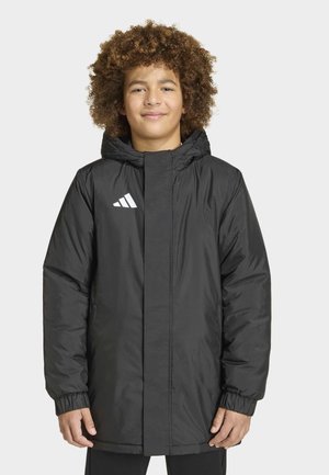 Ung person med krøllet hår iført en sort Adidas hættejakke til vinter, stående foran en ensfarvet lys baggrund.