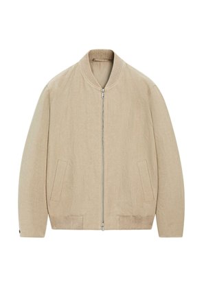Beige leichte Bomberjacke mit geripptem Kragen, Bündchen und Saum, Frontreißverschluss und zwei seitlichen schrägen Taschen.