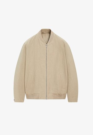 Beige letvægts bomberjakke med ribstrikket krave, manchetter og kant, lynlås foran og to skrå sidelommer.