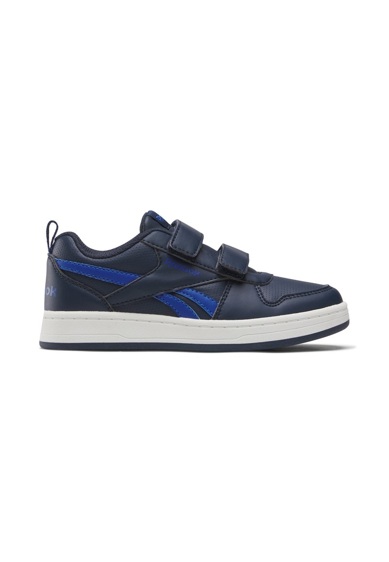 Zapatillas sintéticas azul marino con cintas de velcro, suela de goma blanca y detalles en azul. Presentan una textura suave y un diseño de perfil bajo.