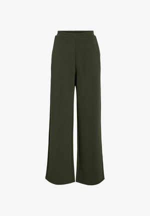 Laia püksid tumerohelisest pehmest kangast. Omavad elastset vööd ja lihtsaid õmblusi. Ilma taskute ja kaunistusteta.