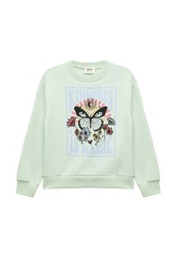 Jasnozielony sweatshirt z prążkowanymi ściągaczami i dołem, z graficznym wzorem przedstawiającym motyla i kwiaty oraz napisem "NICE TO DOBRA MAGIA."