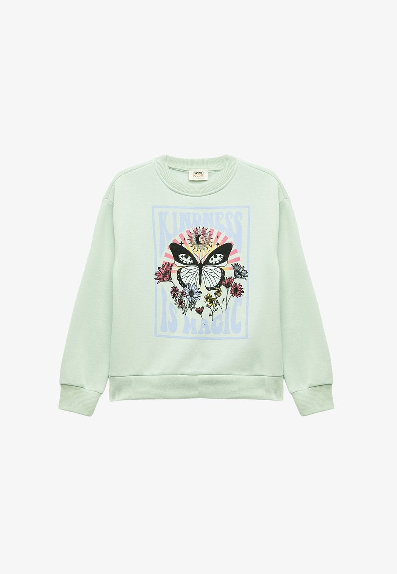 Sudadera verde claro con puños y dobladillo de canalé, que presenta un diseño gráfico de una mariposa y flores, y el texto "LA AMABILIDAD ES MAGIA."