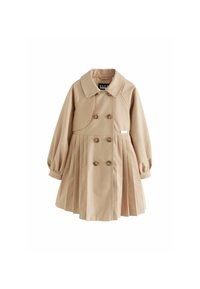Beige trenchcoat med dobbeltknapdesign, stor krave, puffede ærmer, plisseret skørt og farverige knapdetaljer.