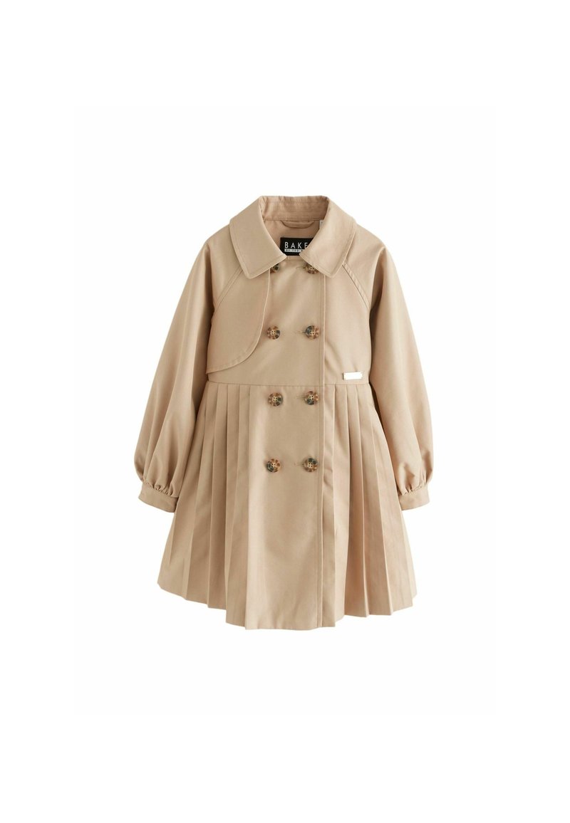 Beige trenchcoat med dobbeltknapdesign, stor krave, puffede ærmer, plisseret skørt og farverige knapdetaljer.