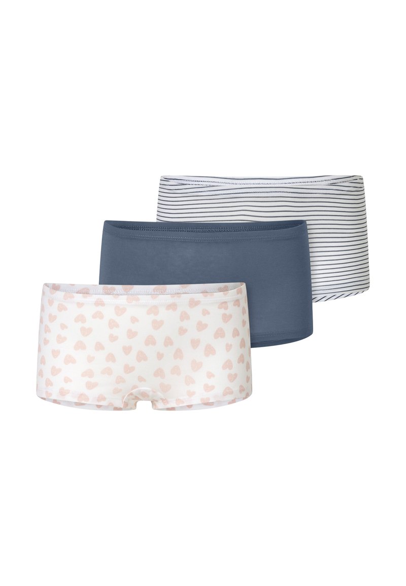 Three pairs of boyshorts: one with a pink heart pattern on white, one solid dark blue, and one white with navy stripes, all seamless.