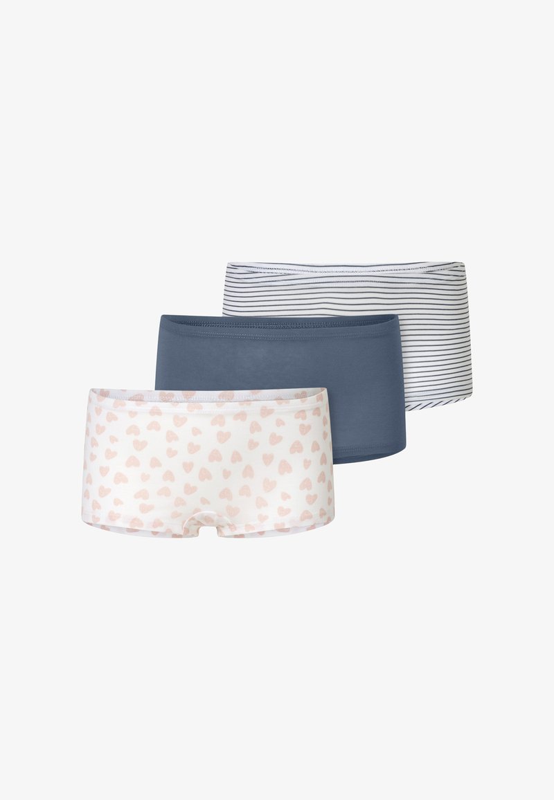 Three pairs of boyshorts: one with a pink heart pattern on white, one solid dark blue, and one white with navy stripes, all seamless.