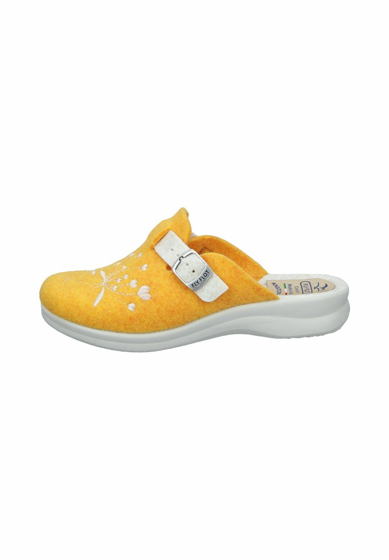 Yellow felt slip-on clog with adjustable white buckle strap and white floral embroidery on top, featuring a white cushioned sole.