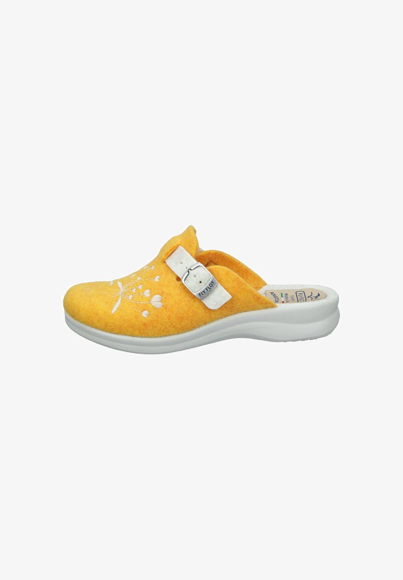 Yellow felt slip-on clog with adjustable white buckle strap and white floral embroidery on top, featuring a white cushioned sole.