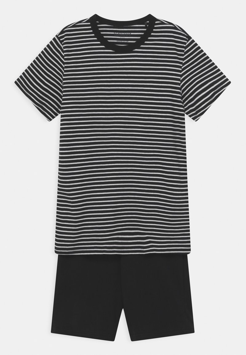 Gestreiftes T-Shirt in Schwarz-Weiß mit kurzen Ärmeln und Rundhalsausschnitt, kombiniert mit einfarbigen schwarzen Shorts. Weicher Baumwollstoff, lässiges Design.