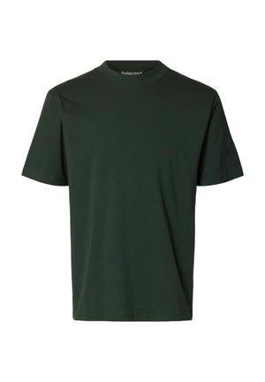 Camiseta de algodón de verde oscuro, de manga corta y cuello redondo, con un diseño simple y una textura suave.