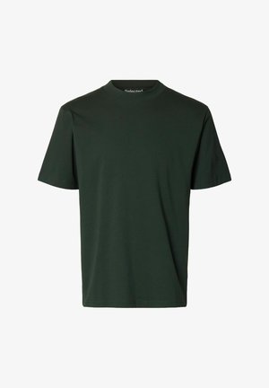 Maglietta a maniche corte di colore verde scuro con scollatura rotonda, realizzata in cotone, caratterizzata da un design semplice e una texture liscia.