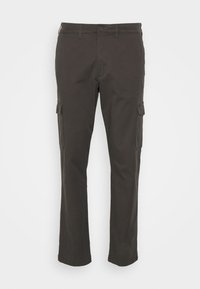 Dark green cargo pants with a straight-cut design, made of cotton blend fabric; features side pockets and a button closure.