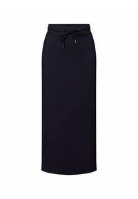 Jupe longue noire taille haute avec un cordon à la taille, coupe droite et tissu lisse.
