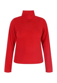 Czerwony polarowy sweter z wysokim kołnierzem i półzamkiem, posiadający długie rękawy i miękką fakturę. Prosty design, bez wzorów ani akcentów.