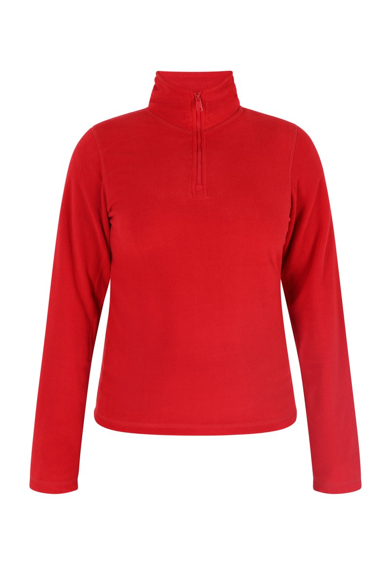 Czerwony polarowy sweter z wysokim kołnierzem i półzamkiem, posiadający długie rękawy i miękką fakturę. Prosty design, bez wzorów ani akcentów.