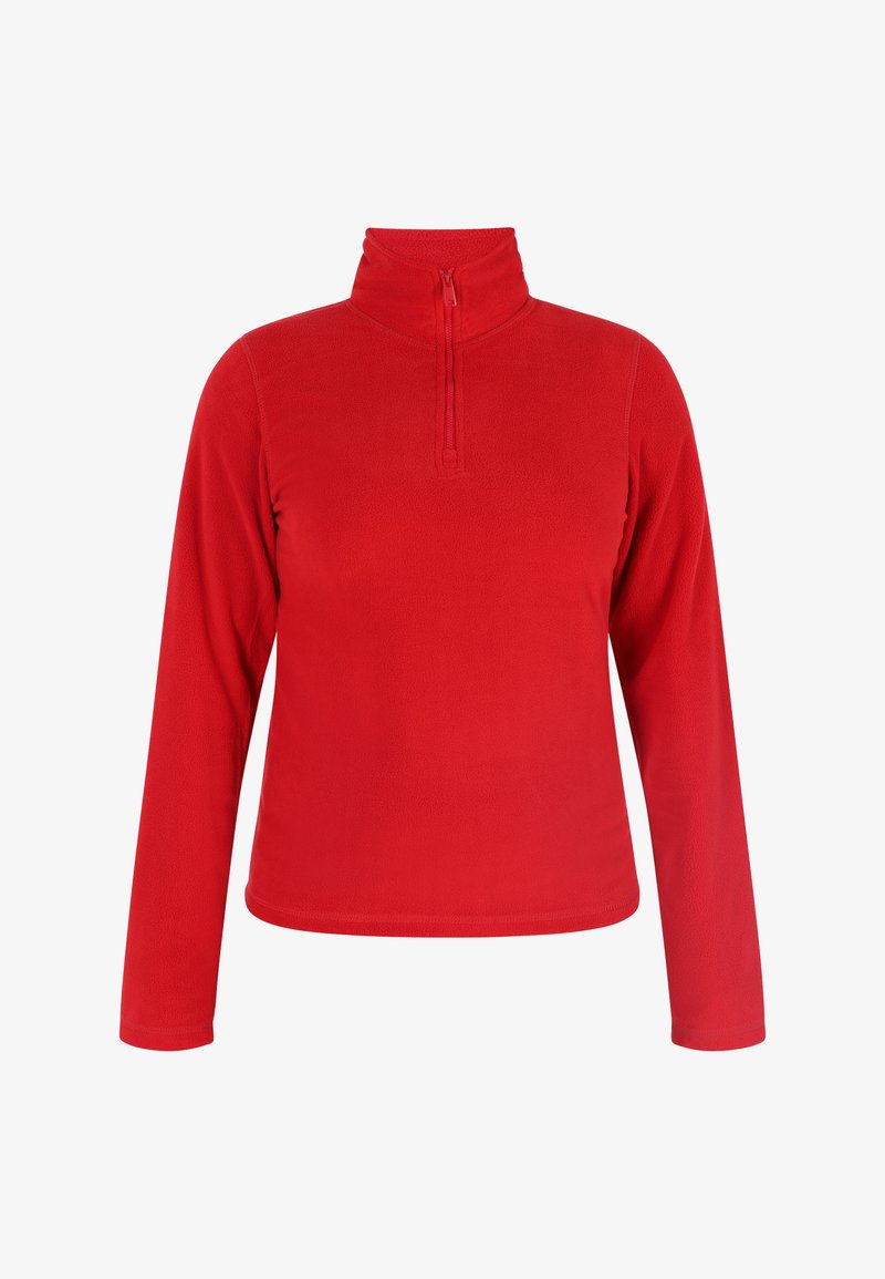 Czerwony polarowy sweter z wysokim kołnierzem i półzamkiem, posiadający długie rękawy i miękką fakturę. Prosty design, bez wzorów ani akcentów.