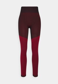 High-waisted leggings in dark red and black with striped accents. Features a smooth texture and fitted design for ease of movement.