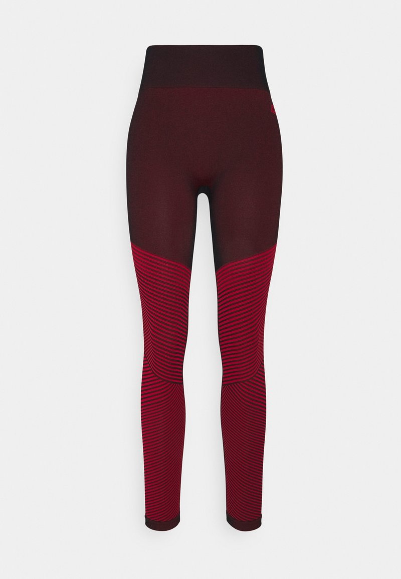 High-waisted leggings in dark red and black with striped accents. Features a smooth texture and fitted design for ease of movement.