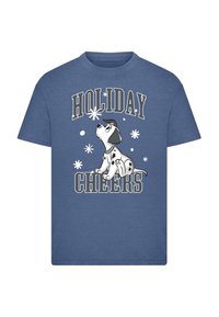 Blå bomulls T-shirt med en tecknad hund, snöflingor och texten "HOLIDAY CHEERS" i fet grå text. Korta ärmar, standard passform.
