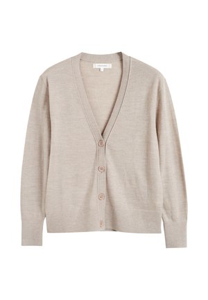 Cardigan beige en maille douce, doté d'un col en V, de manches longues, de cinq boutons, ainsi que de poignets et d'un ourlet côtelés.