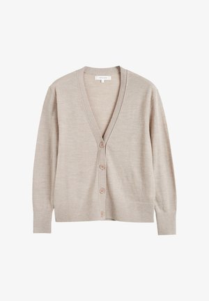Cardigan beige en maille douce, doté d'un col en V, de manches longues, de cinq boutons, ainsi que de poignets et d'un ourlet côtelés.